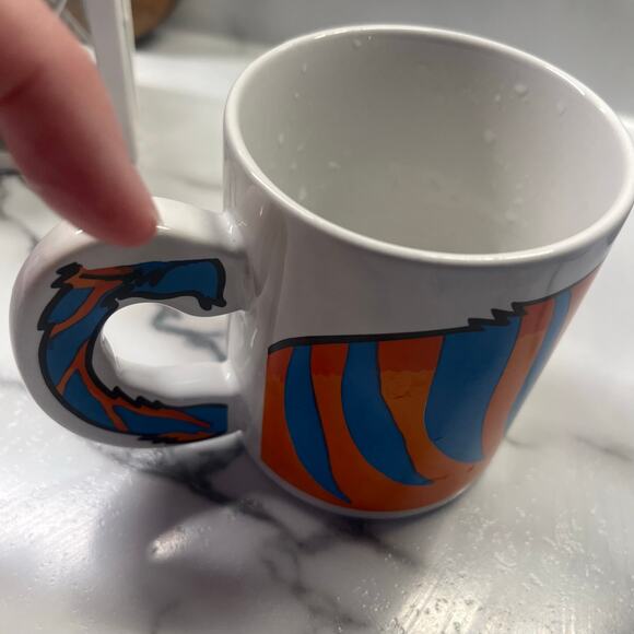 The Love Mug JC 4 Orange Blue Striped Wild Cat Coffee Mug Tail on Handle Vintage - Picture 3 of 4